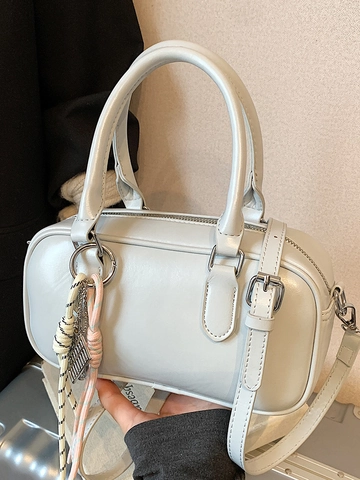 Bolso Boston Minimalista Retro de Cuero PU de Color Sólido para Mujer Bolso de Mano Cruzado con Detalle de Costuras y Colgante