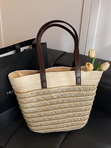 Borsa a Tracolla in Paglia di Nicchia Francese per Donna Grande Capacità Intrecciata a Mano Borsa Tote da Spiaggia Estiva in PU