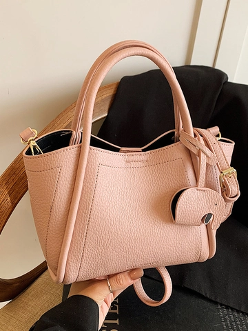 Dames Lychee Patroon PU Leer Handtas Minimalistische Emmertas Koreaanse Stijl Crossbodytas Met Olifant Hanger