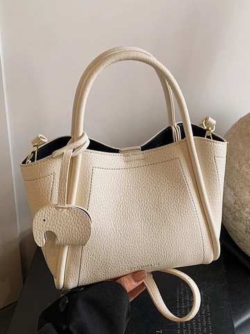 Dames Lychee Patroon PU Leer Handtas Minimalistische Emmertas Koreaanse Stijl Crossbodytas Met Olifant Hanger