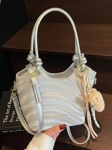 Women Fashion PU Wave Pattern Bucket Bag Urban Minimalist Crossbody Shoulder Handbag With Small Bear Charm Daily Office Tote