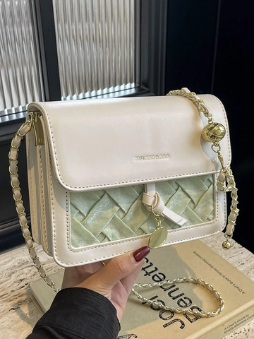 Women's Luxury Woven Contrast Color Small Square Bag PU Leather Chain Crossbody Shoulder Bag With Metal Ball Decoration