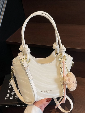Women Fashion PU Wave Pattern Bucket Bag Urban Minimalist Crossbody Shoulder Handbag With Small Bear Charm Daily Office Tote