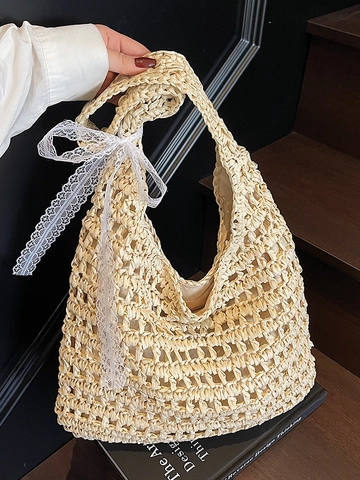 Borsa Tote in Paglia Intrecciata a Mano da Donna Pastorale Francese Grande Capacità Borsa a Tracolla Spiaggia Estiva Vacanza Borsa Traforata con Fiocco di Pizzo