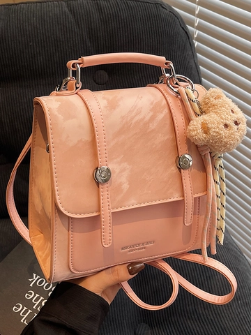 Damen Urban Einfache Kleine Quadratische Rucksack Mode PU Leder Handtasche Umhängetasche Mit Bär Schlüsselanhänger Pendler Studententasche