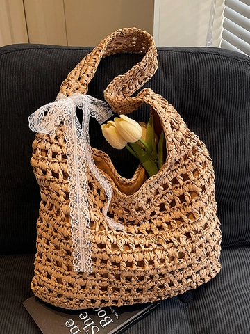 Borsa Tote in Paglia Intrecciata a Mano da Donna Pastorale Francese Grande Capacità Borsa a Tracolla Spiaggia Estiva Vacanza Borsa Traforata con Fiocco di Pizzo
