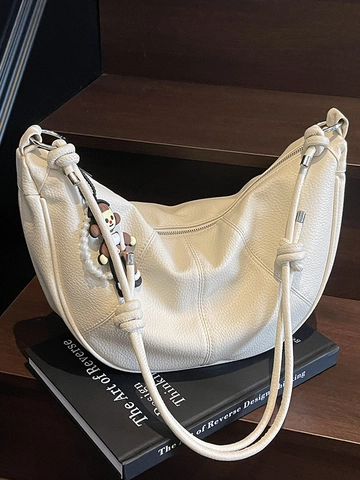 Women Crescent Hobo Bag Soft PU Leather Knotted Strap Large Capacity Shoulder Bag Solid Color Tote Bag With Cartoon Pendant