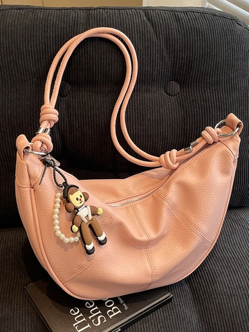 Women Crescent Hobo Bag Soft PU Leather Knotted Strap Large Capacity Shoulder Bag Solid Color Tote Bag With Cartoon Pendant