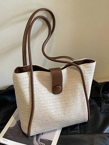 Damen Minimalistische Gewebte Tote Bag Kontrast Kunstlederbesatz Große Kapazität Schultertasche Lässige Strohhandtasche
