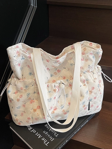 Damen Blumen Tote Bag Süßer Koreanischer Stil Große Kapazität Umhängetasche Plissiertes Design Casual Stoff Handtasche