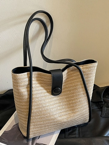 Damen Minimalistische Gewebte Tote Bag Kontrast Kunstlederbesatz Große Kapazität Schultertasche Lässige Strohhandtasche