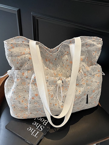 Damen Blumen Tote Bag Süßer Koreanischer Stil Große Kapazität Umhängetasche Plissiertes Design Casual Stoff Handtasche