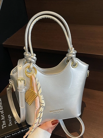 Borsa a Secchiello da Donna in Vernice Manico a Nodo Lucido Borsa a Tracolla Versatile Borsa a Mano Lucida Moda Quotidiana PU