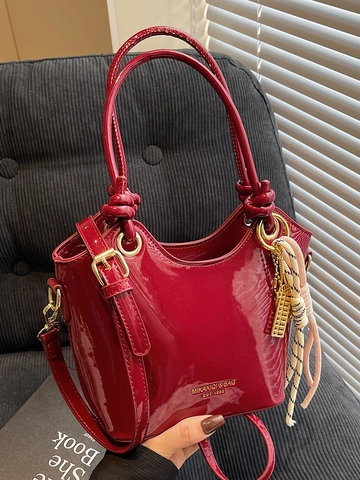 Borsa a Secchiello da Donna in Vernice Manico a Nodo Lucido Borsa a Tracolla Versatile Borsa a Mano Lucida Moda Quotidiana PU