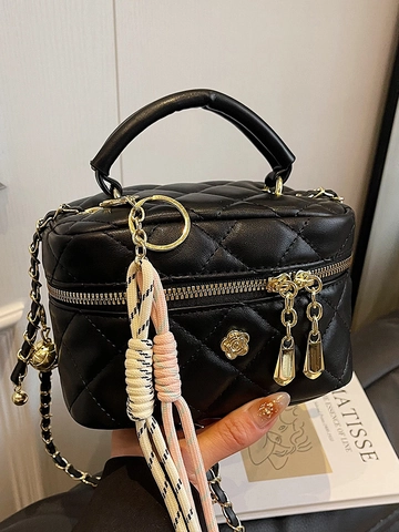 Elegant Quilted Chain Vanity Bag For Women Vintage PU Leather Handbag With Flower Charm Crossbody Square Box Bag Shoulder Purse