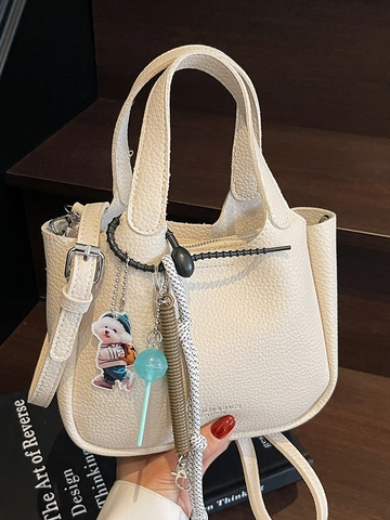 Borsa a Secchiello in Pelle PU da Donna Motivo Litchi Borsa a Mano Minimalista Borsa a Tracolla per Pendolarismo Borsa a Spalla Versatile Con Ciondolo