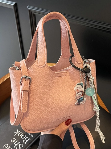 Borsa a Secchiello in Pelle PU da Donna Motivo Litchi Borsa a Mano Minimalista Borsa a Tracolla per Pendolarismo Borsa a Spalla Versatile Con Ciondolo