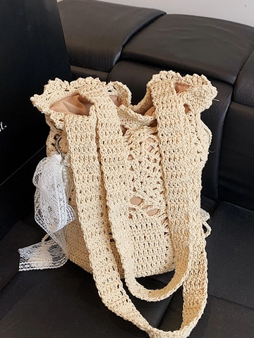 Secchiello All'uncinetto Tessuto a Mano Per Donna Fiocco in Pizzo Decorazione di Perle Borsa a Tracolla da Spiaggia per le Vacanze Estive