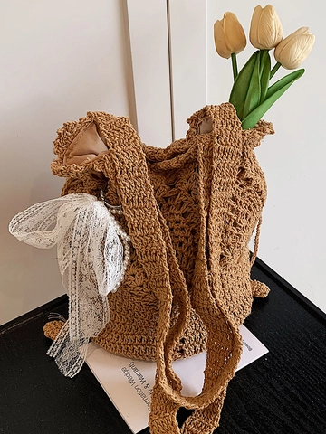 Secchiello All'uncinetto Tessuto a Mano Per Donna Fiocco in Pizzo Decorazione di Perle Borsa a Tracolla da Spiaggia per le Vacanze Estive