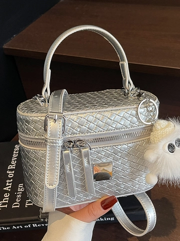 Women Woven Texture Box Bag Crossbody Shoulder Handbag Fashion PU Leather Vanity Case With Fluffy Monster Charm Solid Color Small Square Bag