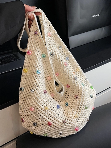 Borsa a Tracolla da Donna in Maglia all'Uncinetto di Grande Capacità Con Perle Artificiali Colorate Borsa Tote da Spiaggia