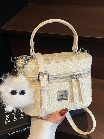 Women Woven Texture Box Bag Crossbody Shoulder Handbag Fashion PU Leather Vanity Case With Fluffy Monster Charm Solid Color Small Square Bag