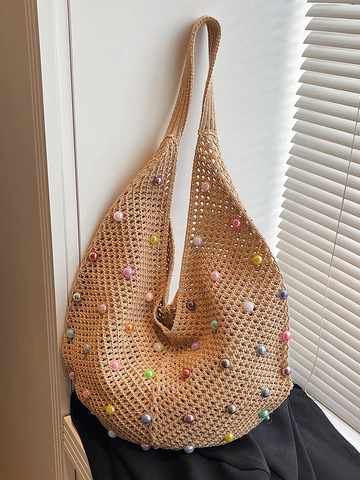 Borsa a Tracolla da Donna in Maglia all'Uncinetto di Grande Capacità Con Perle Artificiali Colorate Borsa Tote da Spiaggia