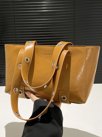 Women High Gloss PU Leather Tote Bag Large Capacity Shoulder Bag With Metal Grommets Fashion Street Work Commuter Bag