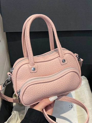 Damen Kleine PU Leder Umhängetasche Mit Litschistruktur Modische Boston Handtasche Mit Gebogenem Reißverschluss Pendler Tasche
