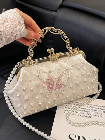 Sac de Soirée Rétro Nouveau Style Chinois en Velours Papillon Brodée Perle Artificielle Chaîne Sac Bandoulière pour Femme Fête