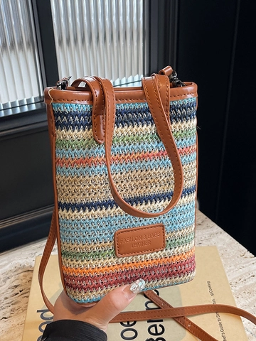 Handgefertigte Strohgeflecht Umhängetasche Für Damen Regenbogenstreifen Mini Handytasche Kleine Urlaub Strand Tasche PU Besatz