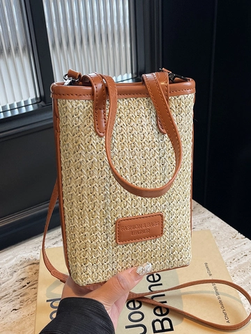 Handgefertigte Strohgeflecht Umhängetasche Für Damen Regenbogenstreifen Mini Handytasche Kleine Urlaub Strand Tasche PU Besatz