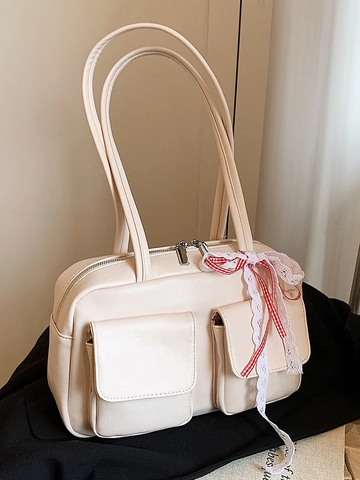 Fashion Korean Style PU Leather Bowling Shoulder Bag Retro Minimalist Commuting Solid Color Underarm Bag With Lace Bow Decor