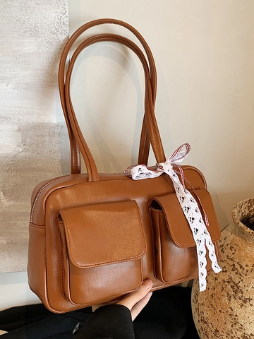 Fashion Korean Style PU Leather Bowling Shoulder Bag Retro Minimalist Commuting Solid Color Underarm Bag With Lace Bow Decor