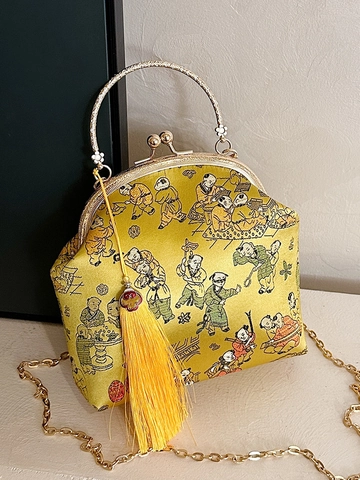 Borsa Retro in Raso Con Ricamo Motivo Cento Bambini Chiusura a Scatto Con Manico a Catena in Metallo Borsa a Tracolla Donna Elegante