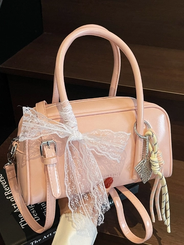 Fashion Women PU Leather Boston Pillow Bag Chic Lace Bow Handbag Versatile Crossbody Bag Daily Commuting Shoulder Bag