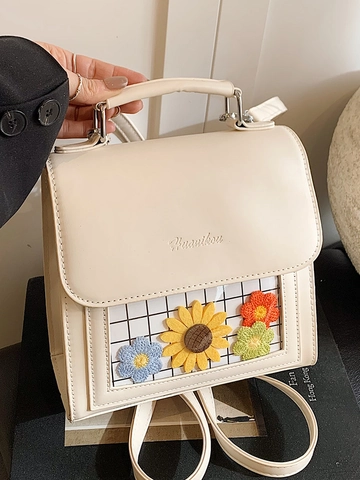Kawaii Damen PU Leder Umhängetasche Transparentes Fenster Sonnenblumen Blumen Patchwork Rucksack Schule Stil Quadratische Tasche