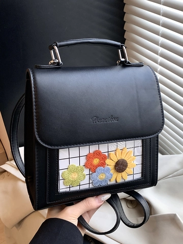 Kawaii Damen PU Leder Umhängetasche Transparentes Fenster Sonnenblumen Blumen Patchwork Rucksack Schule Stil Quadratische Tasche