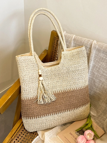 Borsa Tote Intrecciata Spliced a Blocchi di Colore di Grande Capacità da Donna Borsa a Tracolla Estiva da Spiaggia Borsa di Paglia Casual Con Nappina