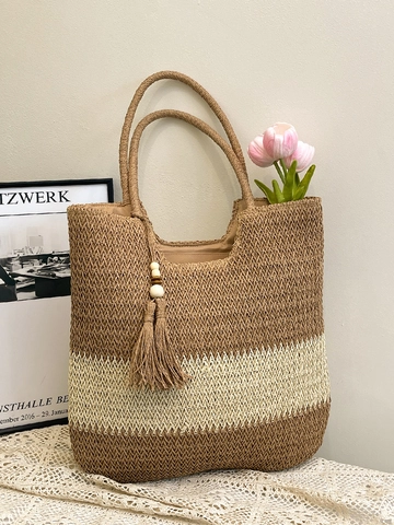Borsa Tote Intrecciata Spliced a Blocchi di Colore di Grande Capacità da Donna Borsa a Tracolla Estiva da Spiaggia Borsa di Paglia Casual Con Nappina
