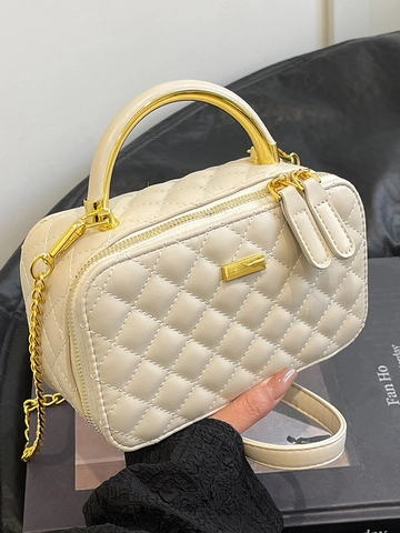 Damen Vintage Gesteppte Umhängetasche Box PU Leder Gitter Handtasche Mit Gold Metallgriff Kettenriemen Elegante Schultertasche