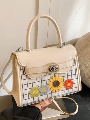 Bolso Bandolera Mujer Coreano Flores Cuadros Cuero PU Pequeño Bolso Mano Cierre Metal Color Contraste Bolso Hombro