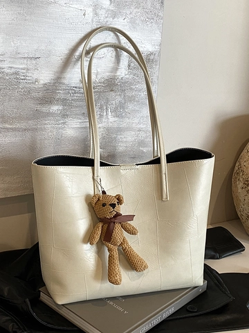 Grand Sac Cabas Rétro en Cuir PU pour Femmes Sac à Épaule Géométrique Patchwork à la Mode Avec Charme d'Ours