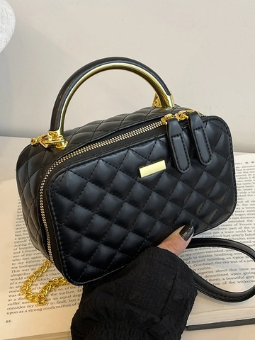 Damen Vintage Gesteppte Umhängetasche Box PU Leder Gitter Handtasche Mit Gold Metallgriff Kettenriemen Elegante Schultertasche