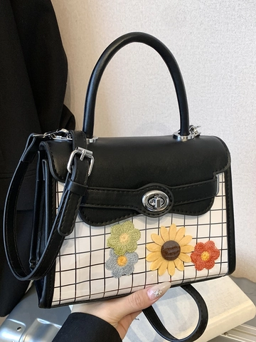 Bolso Bandolera Mujer Coreano Flores Cuadros Cuero PU Pequeño Bolso Mano Cierre Metal Color Contraste Bolso Hombro