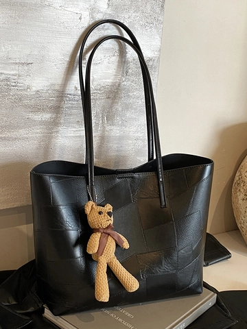 Grand Sac Cabas Rétro en Cuir PU pour Femmes Sac à Épaule Géométrique Patchwork à la Mode Avec Charme d'Ours