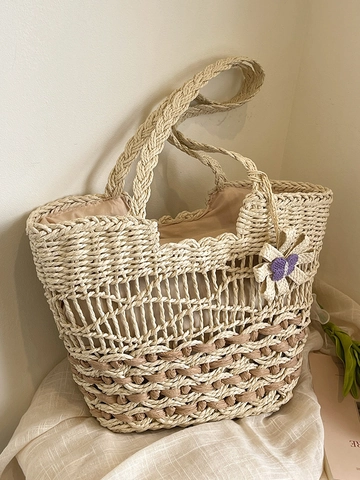 Summer Beach Straw Woven Tote Bag For Women Handmade Hollow Out Shoulder Bag With Flower Charm Bohemian Casual Basket Handbag