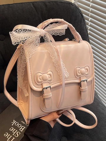 Dames Zoete Schoolstijl PU Leer Mini Rugzak Handtas Met Kant Strik Accent Mode Y2K Functionele Kleine Vierkante Crossbody Tas