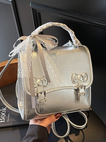 Dames Zoete Schoolstijl PU Leer Mini Rugzak Handtas Met Kant Strik Accent Mode Y2K Functionele Kleine Vierkante Crossbody Tas