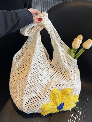 Dames Gehaakte Geweven Tote Bag Grote Capaciteit Handgemaakte Gebreide Schoudertas Met Bloem Zomer Strand Vakantie Handtas
